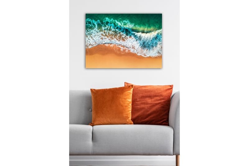Lerretsbilde - Vakker utsikt over havet og stranden med bølger som ruller inn mot sanden - Turkis / Beige / Hvit - Innredning - Bilder & kunst - Lerretsbilder