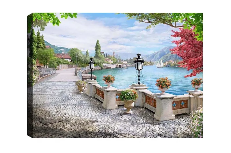 Lerretsbilde - Vakker utsikt over innsjøen med promenade og blomster i potter, Grønn / Blå / Rosa