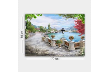 Lerretsbilde - Vakker utsikt over innsjøen med promenade og blomster i potter - Grønn / Blå / Rosa - Innredning - Bilder & kunst - Lerretsbilder