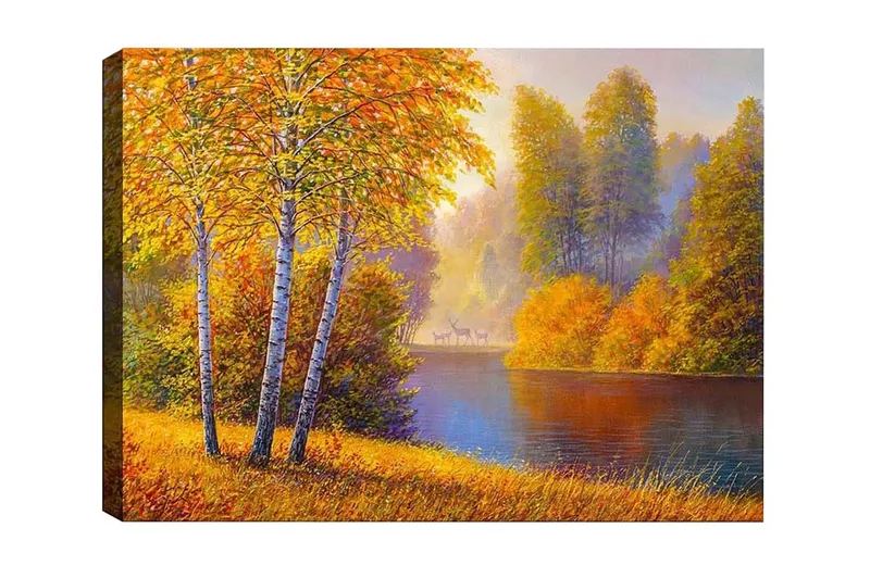 Lerretsbilde - Vakkert høstlandskap med bjørker ved en stille innsjø, Gyllenoransje / Grønn / Blå