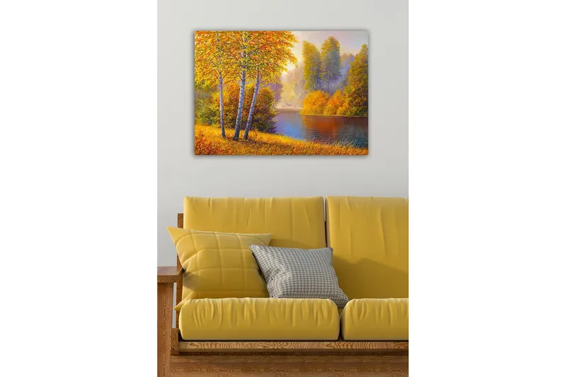 Lerretsbilde - Vakkert høstlandskap med bjørker ved en stille innsjø - Gyllenoransje / Grønn / Blå - Innredning - Bilder & kunst - Lerretsbilder