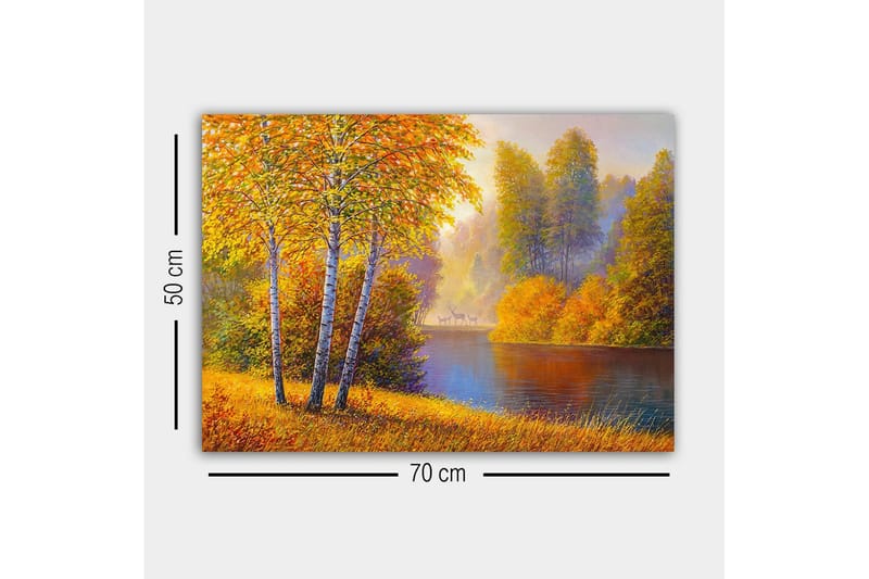 Lerretsbilde - Vakkert høstlandskap med bjørker ved en stille innsjø - Gyllenoransje / Grønn / Blå - Innredning - Bilder & kunst - Lerretsbilder