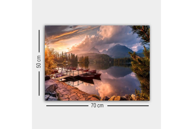Lerretsbilde - Vakkert innsjølandskap med robåter ved solnedgang - Oransje / Grønn / Blå - Innredning - Bilder & kunst - Lerretsbilder