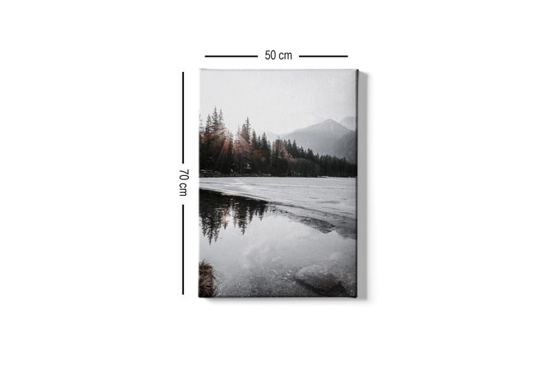 Lerretsbilde - Vakkert vinterlandskap med frosne innsjøer og snødekte fjell - Grå / Hvit / Mørkegrønn - Innredning - Bilder & kunst - Lerretsbilder