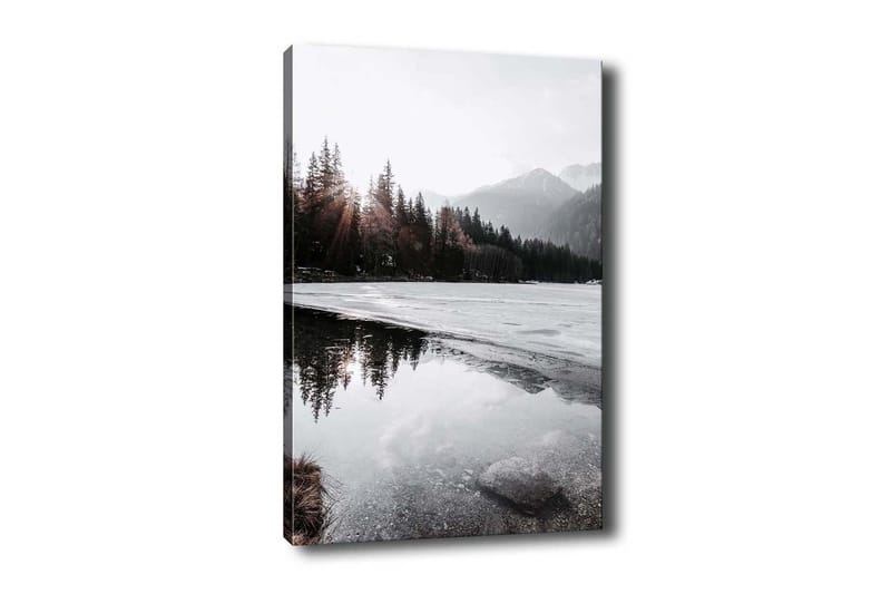 Lerretsbilde - Vakkert vinterlandskap med frosne innsjøer og snødekte fjell, Grå / Hvit / Mørkegrønn