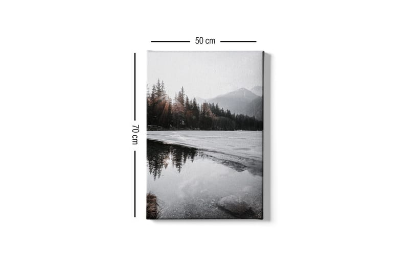 Lerretsbilde - Vakkert vinterlandskap med frosne innsjøer og snødekte fjell - Grå / Hvit / Mørkegrønn - Innredning - Bilder & kunst - Lerretsbilder