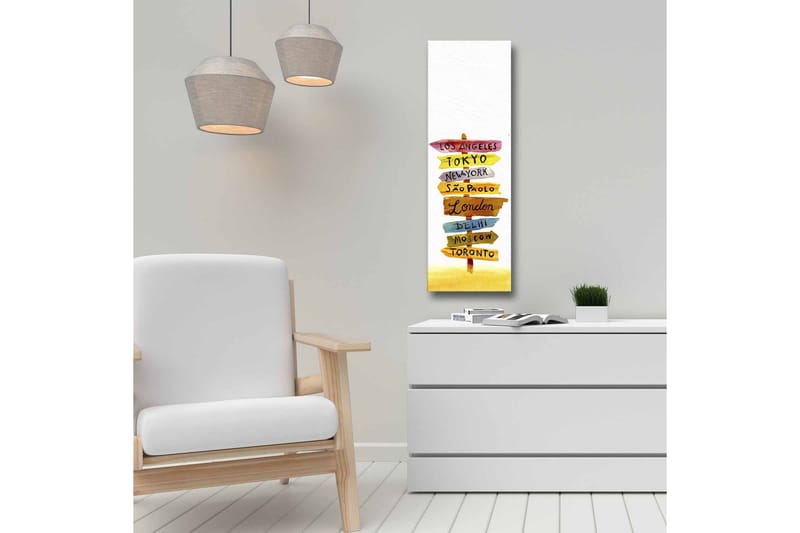 Lerretsbilde - Veiskilt med internasjonale byer - Gul / Rosa / Blå - Innredning - Bilder & kunst - Lerretsbilder