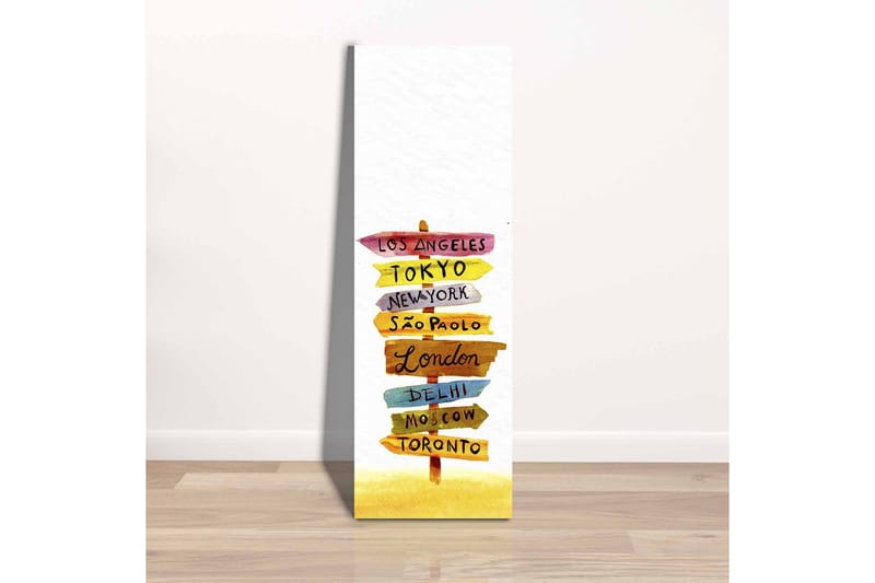 Lerretsbilde - Veiskilt med internasjonale byer - Gul / Rosa / Blå - Innredning - Bilder & kunst - Lerretsbilder
