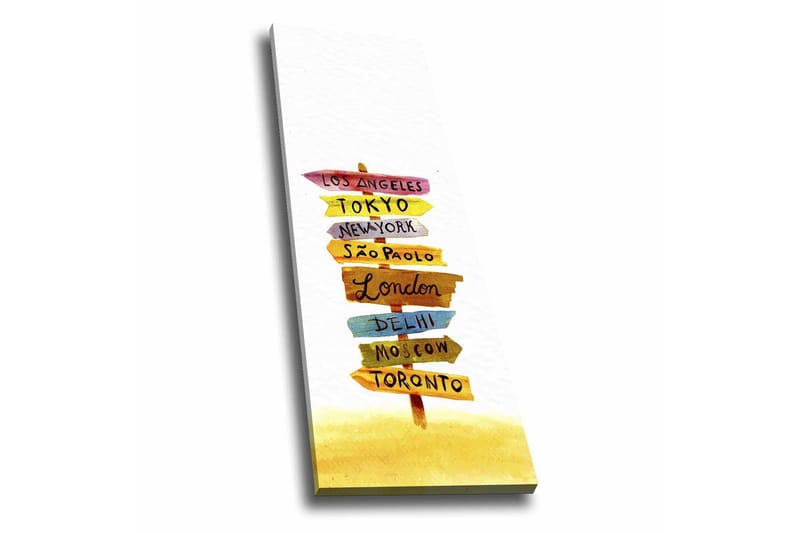 Lerretsbilde - Veiskilt med internasjonale byer, Gul / Rosa / Blå