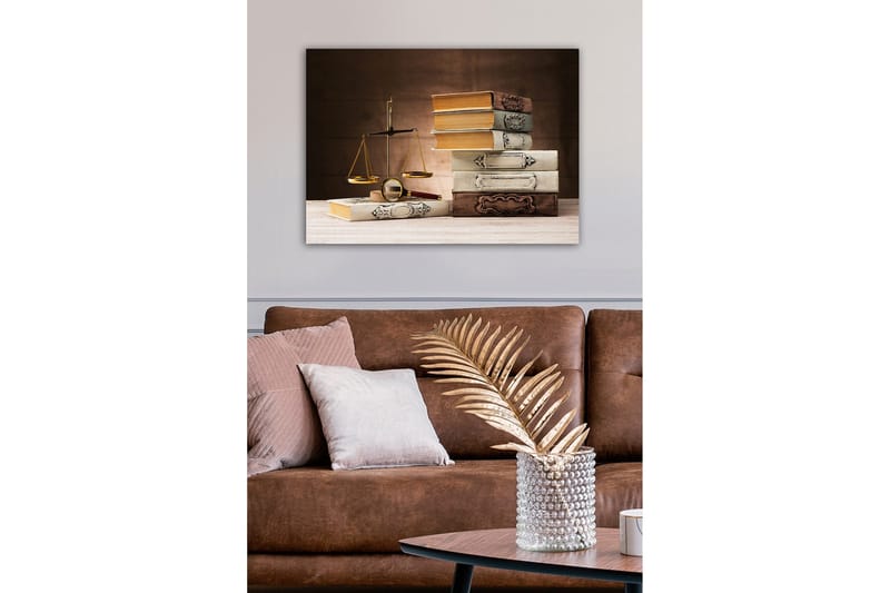 Lerretsbilde - Vekter med bøker i forskjellige farger og former - Gull / Brun / Hvit - Innredning - Bilder & kunst - Lerretsbilder