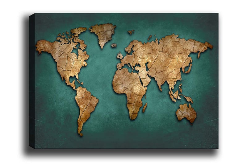 Lerretsbilde - Verdenskart i vintagestil med detaljert tekstur, Gull / Blågrønn
