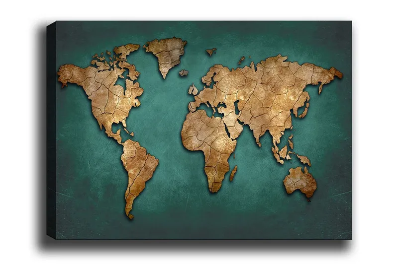 Lerretsbilde - Verdenskart i vintagestil med detaljert tekstur, Gull / Blågrønn