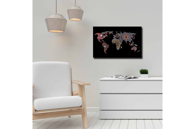 Lerretsbilde - Verdenskart med fargerike blomstermønstre - Rød / Grønn / Gul - Innredning - Bilder & kunst - Lerretsbilder