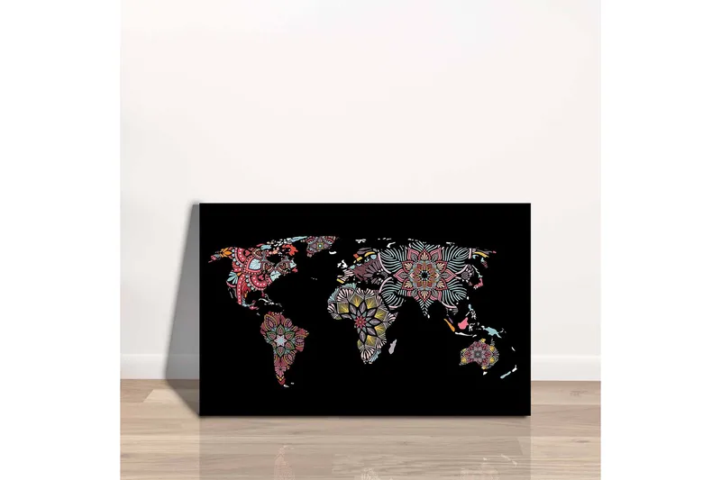 Lerretsbilde - Verdenskart med fargerike blomstermønstre - Rød / Grønn / Gul - Innredning - Bilder & kunst - Lerretsbilder