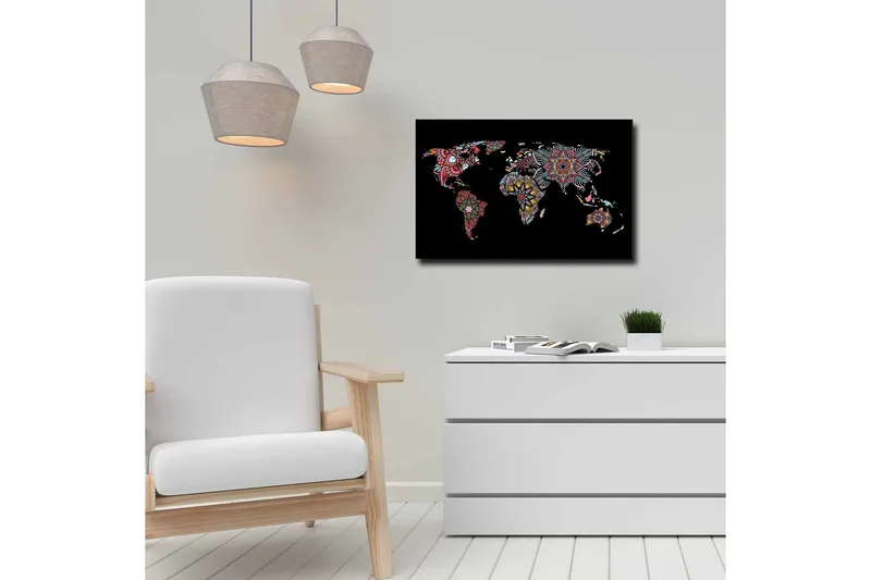 Lerretsbilde - Verdenskart med fargerike blomstermønstre - Rød / Grønn / Gul - Innredning - Bilder & kunst - Lerretsbilder