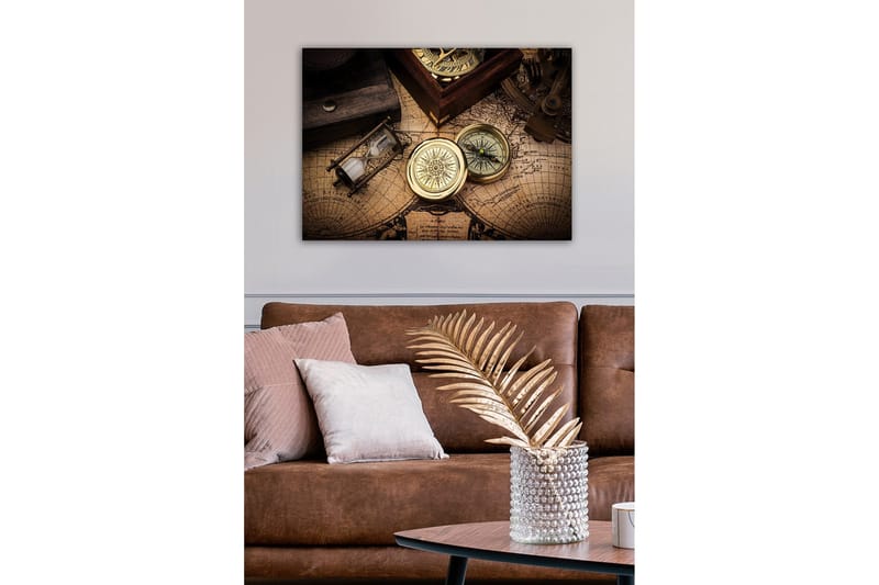 Lerretsbilde - Vintage navigasjonsverktøy på et gammelt kart - Gull / Brun / Beige - Innredning - Bilder & kunst - Lerretsbilder