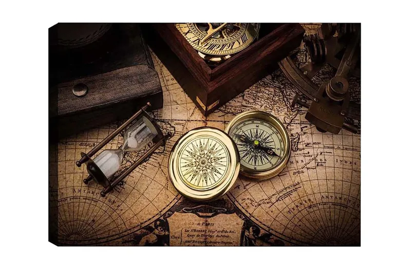 Lerretsbilde - Vintage navigasjonsverktøy på et gammelt kart, Gull / Brun / Beige