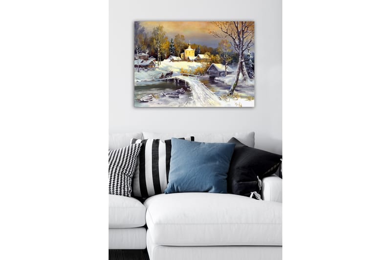 Lerretsbilde - Vinterlandskap med bro og snødekte hus - Hvit / Grå / Gul - Innredning - Bilder & kunst - Lerretsbilder