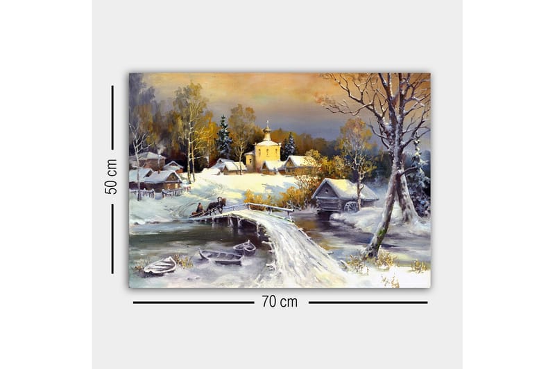 Lerretsbilde - Vinterlandskap med bro og snødekte hus - Hvit / Grå / Gul - Innredning - Bilder & kunst - Lerretsbilder