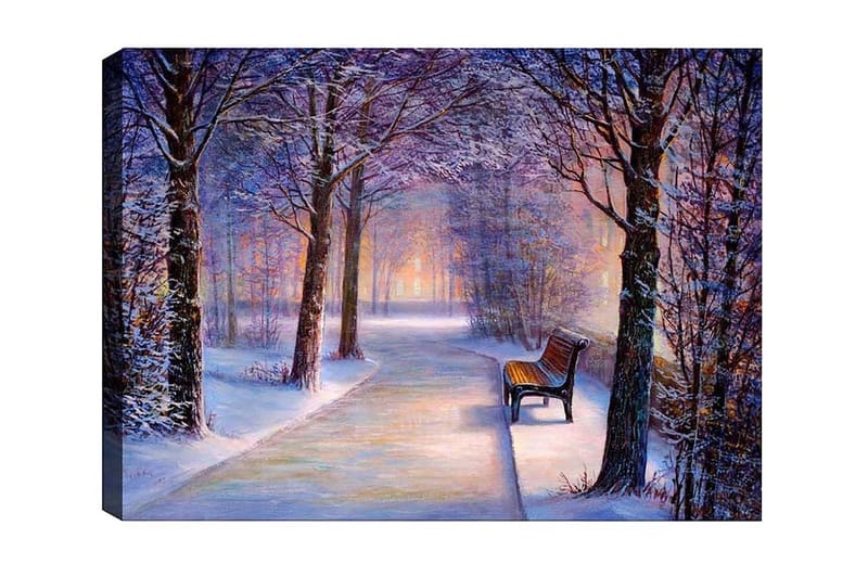 Lerretsbilde - Vinterlandskap med en ensom benk langs en snødekt vei, Lilla / Hvit / Brun