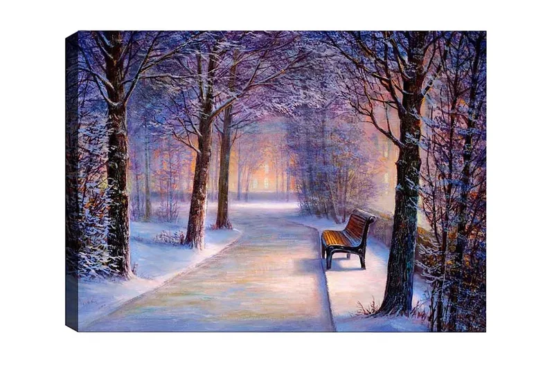 Lerretsbilde - Vinterlandskap med en ensom benk langs en snødekt vei, Lilla / Hvit / Brun