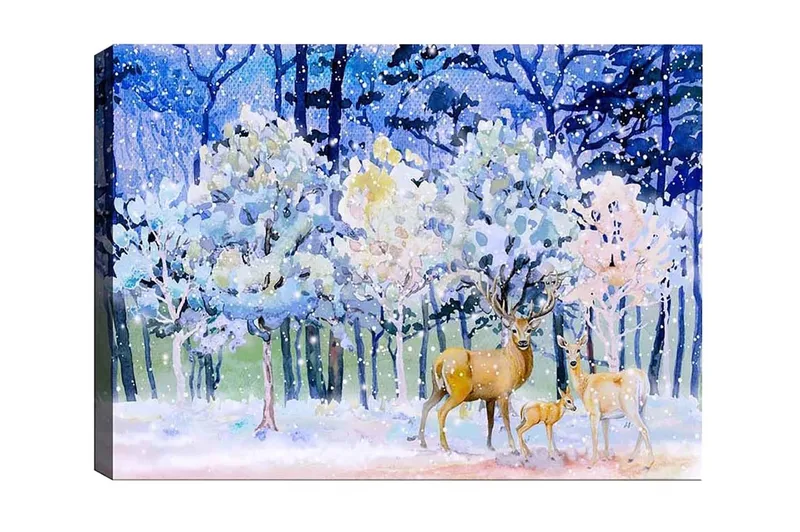 Lerretsbilde - Vinterlandskap med hjort og snødekte trær, Blå / Hvit / Beige