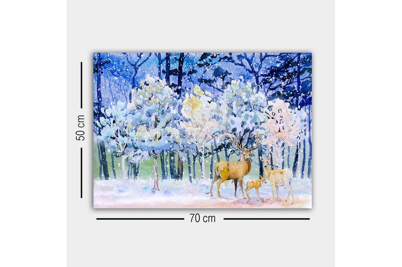 Lerretsbilde - Vinterlandskap med hjort og snødekte trær - Blå / Hvit / Beige - Innredning - Bilder & kunst - Lerretsbilder