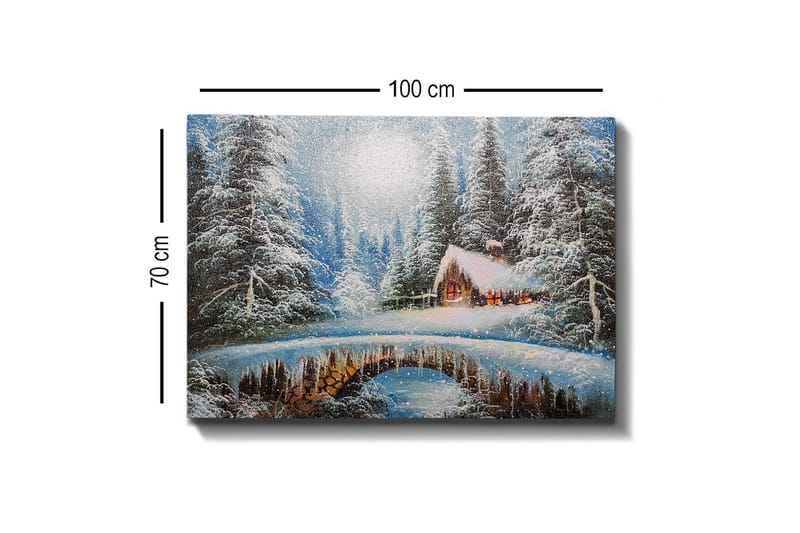 Lerretsbilde - Vinterlandskap med hytte og snødekte trær - Blå / Hvit / Brun - Innredning - Bilder & kunst - Lerretsbilder
