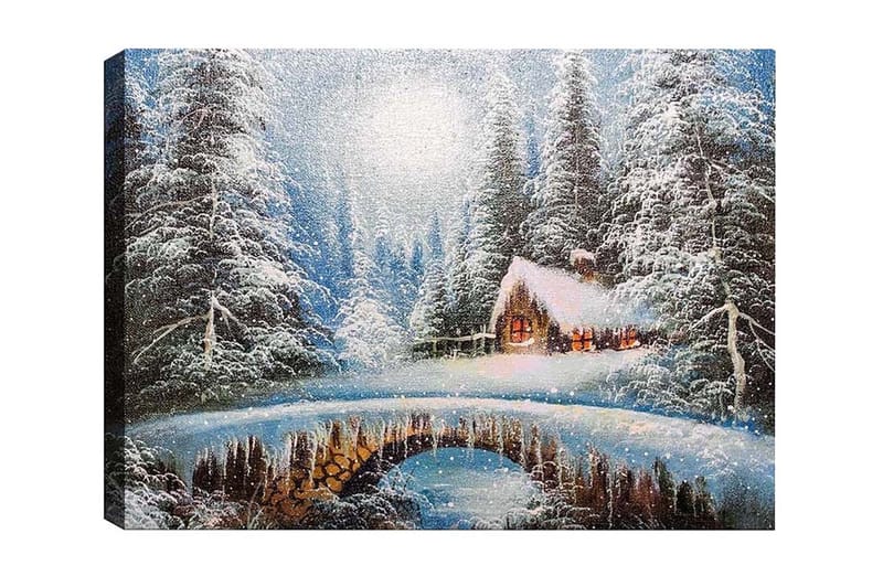 Lerretsbilde - Vinterlandskap med hytte og snødekte trær, Hvit / Blå / Brun