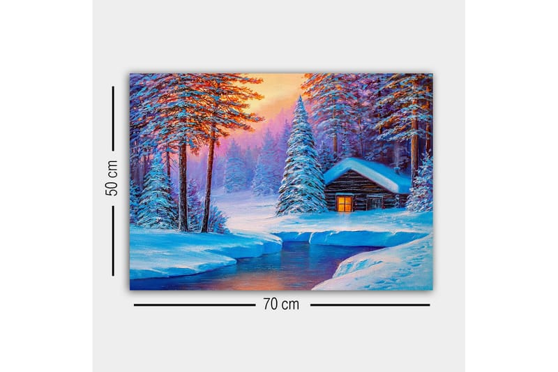 Lerretsbilde - Vinterlandskap med hytte omgitt av snødekte trær - Blå / Hvit / Lilla - Innredning - Bilder & kunst - Lerretsbilder