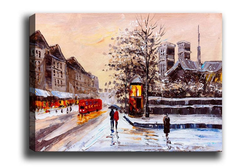 Lerretsbilde - Vinterlandskap med snødekte bygninger og en rød buss, Rød / Grå / Hvit