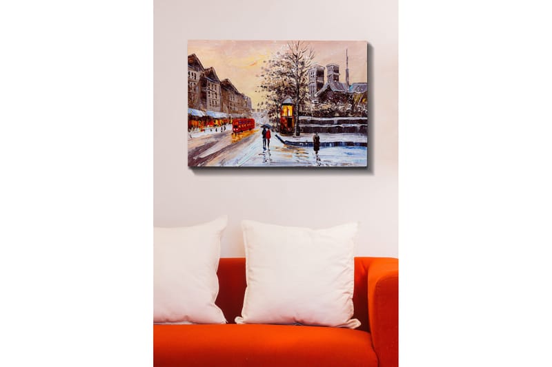 Lerretsbilde - Vinterlandskap med snødekte bygninger og en rød buss - Rød / Grå / Hvit - Innredning - Bilder & kunst - Lerretsbilder