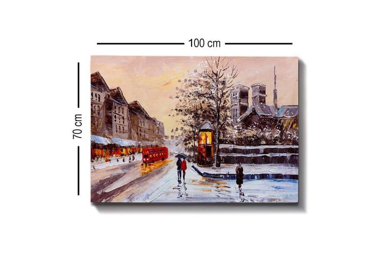 Lerretsbilde - Vinterlandskap med snødekte bygninger og en rød buss - Rød / Grå / Hvit - Innredning - Bilder & kunst - Lerretsbilder