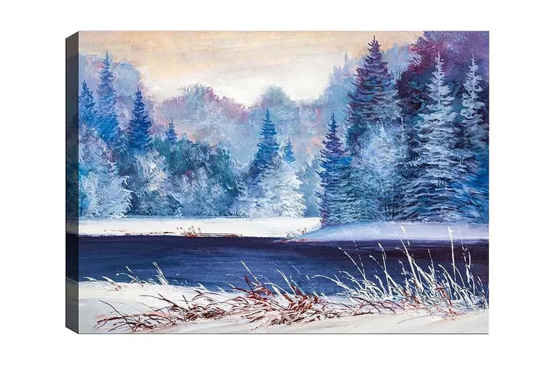 Lerretsbilde - Vinterlandskap med snødekte trær og en speilblank innsjø, Blå / Hvit / Mørkegrønn