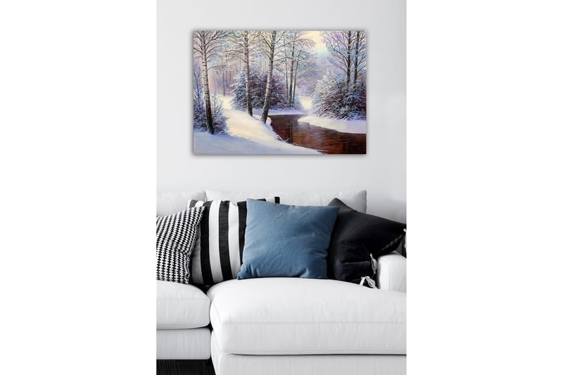 Lerretsbilde - Vinterlandskap med snødekte trær og en stille bekk - Hvit / Blå / Brun - Innredning - Bilder & kunst - Lerretsbilder