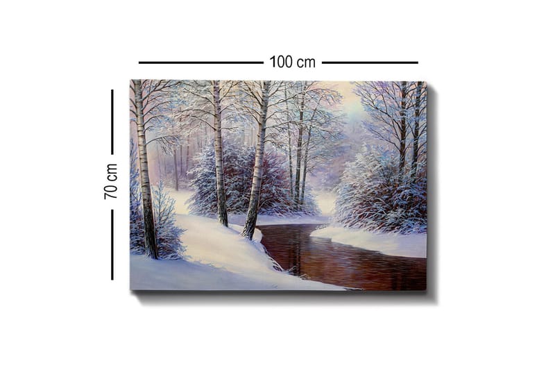Lerretsbilde - Vinterlandskap med snødekte trær og en stille bekk - Hvit / Blå / Brun - Innredning - Bilder & kunst - Lerretsbilder