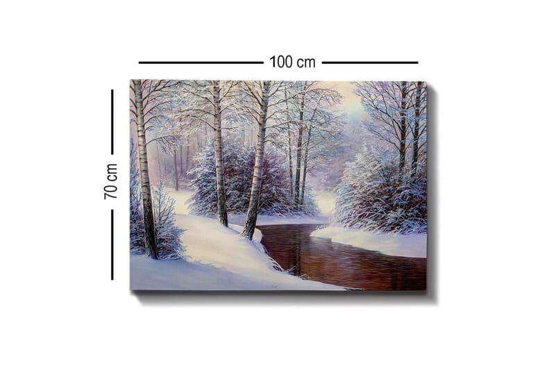Lerretsbilde - Vinterlandskap med snødekte trær og en stille bekk - Hvit / Blå / Brun - Innredning - Bilder & kunst - Lerretsbilder