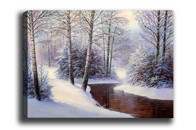 Lerretsbilde - Vinterlandskap med snødekte trær og en stille bekk - Hvit / Blå / Brun - Innredning - Bilder & kunst - Lerretsbilder