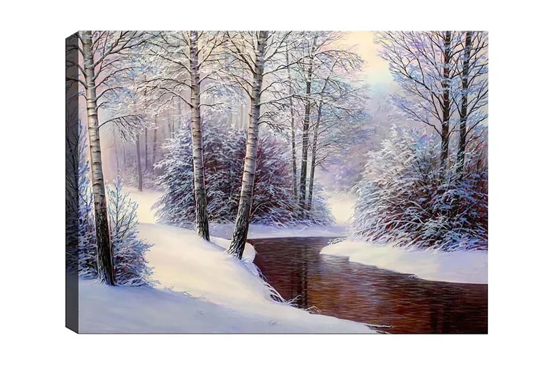 Lerretsbilde - Vinterlandskap med snødekte trær og en stille bekk, Hvit / Blå / Brun