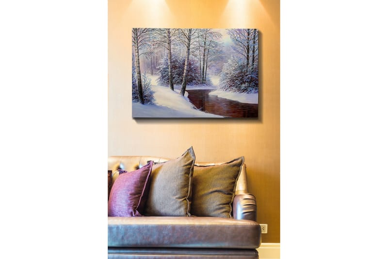 Lerretsbilde - Vinterlandskap med snødekte trær og en stille bekk - Hvit / Blå / Brun - Innredning - Bilder & kunst - Lerretsbilder