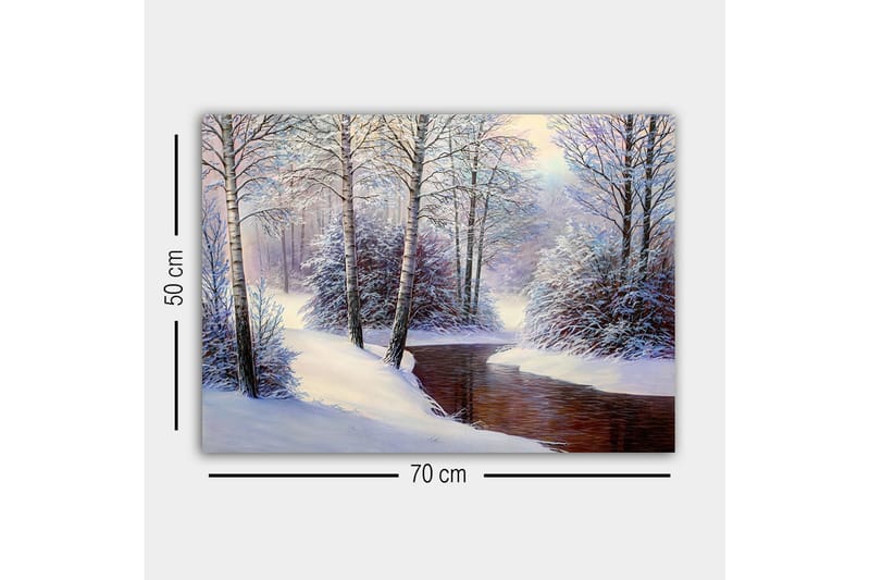 Lerretsbilde - Vinterlandskap med snødekte trær og en stille bekk - Hvit / Blå / Brun - Innredning - Bilder & kunst - Lerretsbilder