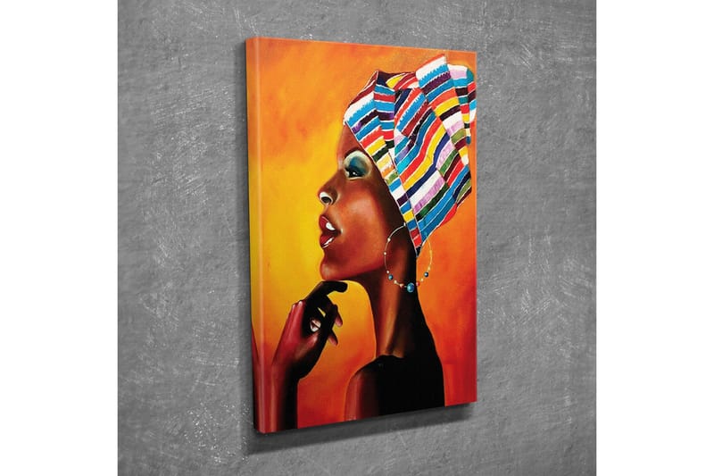 Lerretsbilde - Portrett av en kvinne med fargerikt hodeskjerf og sterkt uttrykk - Oransje / Svart / Blå - Innredning - Bilder & kunst - Lerretsbilder