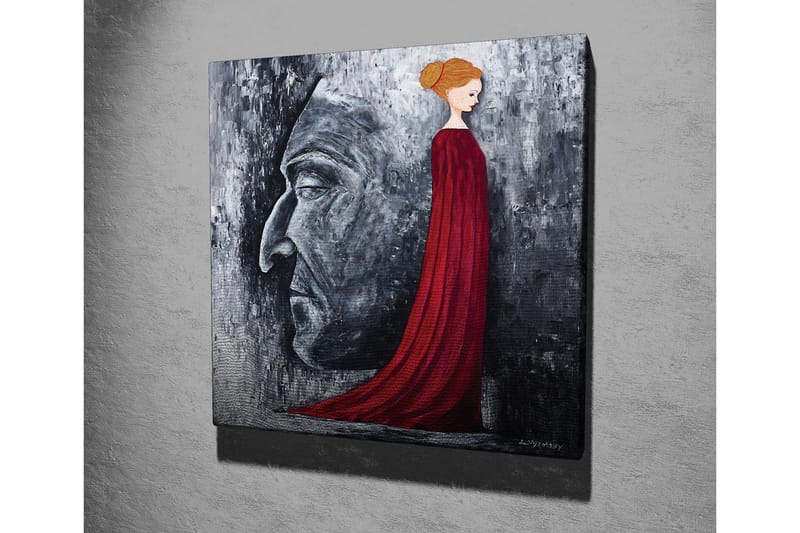 Lerretsbilde - Portrett av en kvinne i en rød kjole med en stor ansiktsprofil i grått i bakgrunnen - Rød / Grå / Svart - Innredning - Bilder & kunst - Lerretsbilder