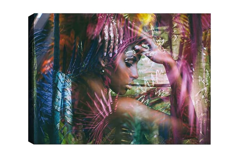 Lerretsbilde - Portrett av en kvinne omgitt av fargerike planter, Grønn / Rosa / Blå