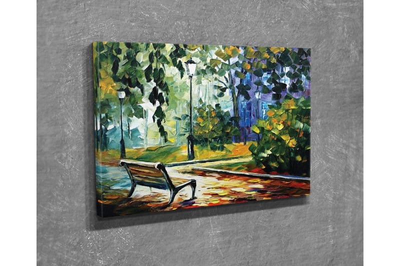 Lerretsbilde - Parkbenk omgitt av frodige trær og lys i et fargerikt miljø - Grønn / Gul / Blå - Innredning - Bilder & kunst - Lerretsbilder