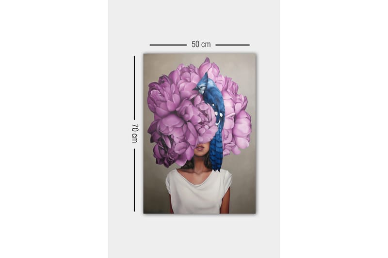 Lerretsbilde - Portrett av en kvinne med en stor bukett rosa blomster som hovedmotiv - Rosa / Blå / Beige - Innredning - Bilder & kunst - Lerretsbilder