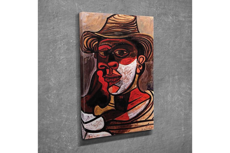 Lerretsbilde - Portrett av en mann med hatt og sterke ansiktstrekk - Rød / Svart / Hvit - Innredning - Bilder & kunst - Lerretsbilder