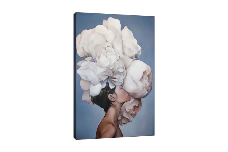 Lerretsbilde - Portrett av en person med en stor bukett hvite blomster som svever over hodet, Hvit / Lys grå / Hudtone