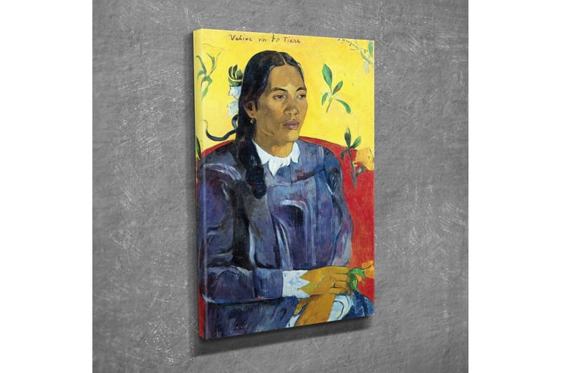 Lerretsbilde - Portrett av en kvinne med blomster i hånden - Mørk blå / Gul / Rød - Innredning - Bilder & kunst - Lerretsbilder