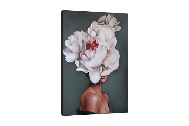 Lerretsbilde - Portrett av en kvinne med en stor krans av hvite peoner som dekker hodet, Hvit / Mørkegrønn / Rosa